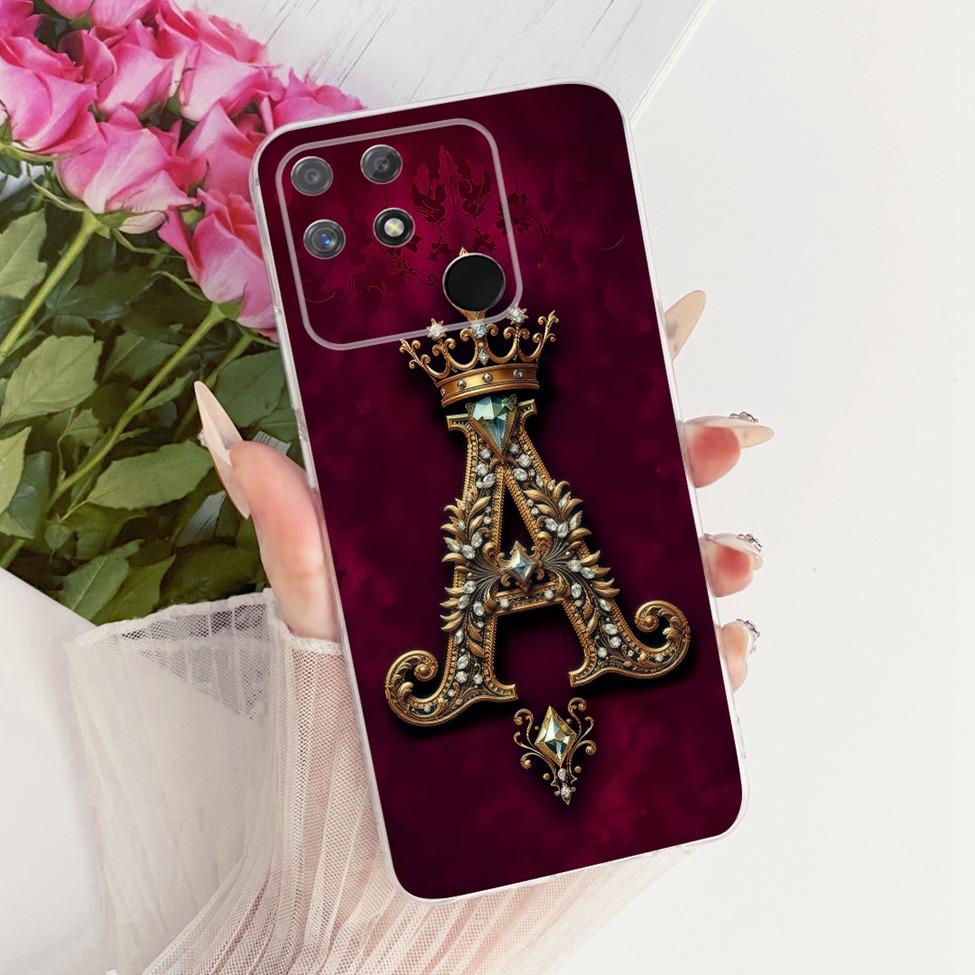 Transparent For Realme Narzo 50A Case RMX3430 Luxury Crown A-Z Letters 2D Flat Pattern Soft Casing For Real me Narzo 50A Cover
