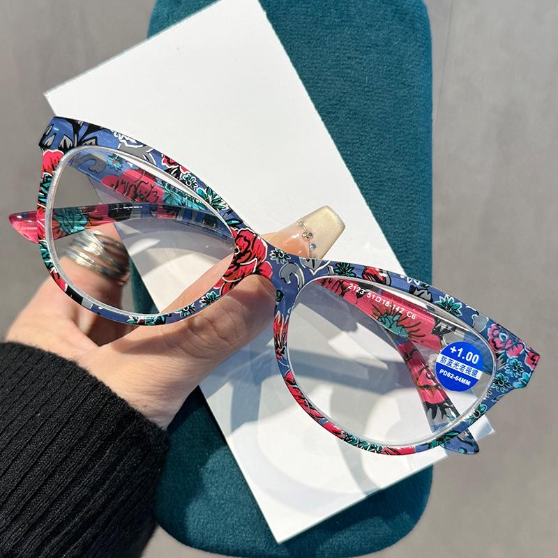 Womens INS Cat-Eye Presbyopia Glasses Floral Print Anti Blue Light Reading Glasses Diopter 0 To +4 0 Fashion Eyewear