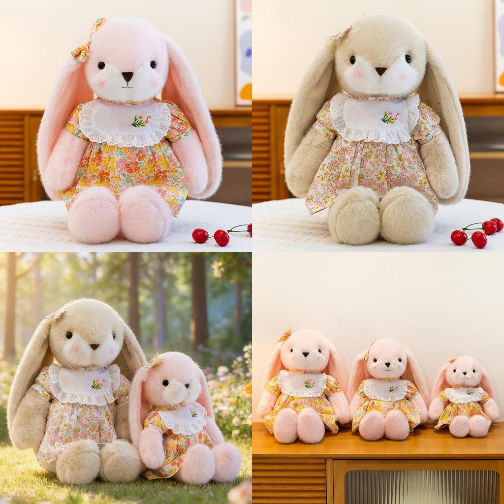Cuter Rabbit Plush Toy With Floral Print Dress And Bow Decor For Kids And Adults
