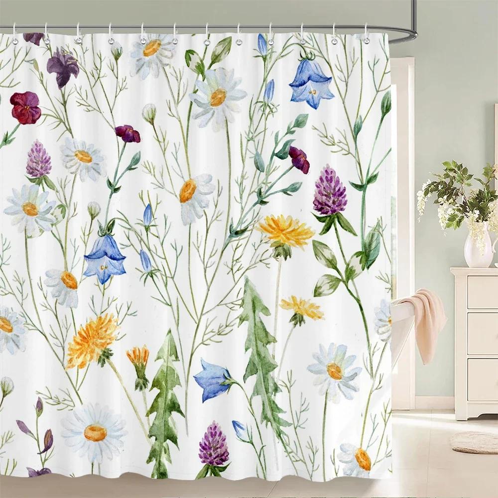 Blumen-Duschvorhang für Badezimmer, wasserdichter Polyester-Duschvorhang, Blumendruck, Vorhänge für Badezimmer, Dusche, mit Haken