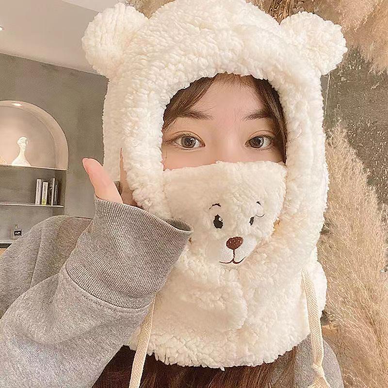 Cartoon Bear Ear Beanie Hat With Mask Warm Balaclava Winter Thickened Ear Protection Autumn Beanies For Women Girls