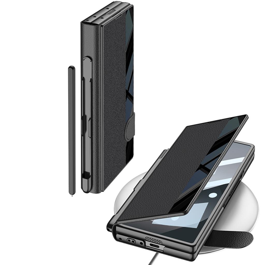 Samsung Z Fold6 Telefone Móvel Couro Quitina Suporte Tela Dobrável Anti Queda Capa Flip Capa de Couro Película Slot para Caneta Integrado