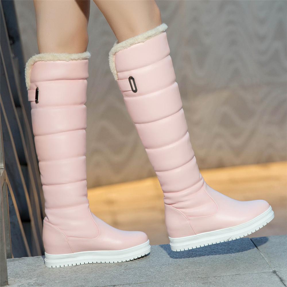 Winter Warm Roze Wit Sneeuwlaarzen Dames Schoenen Lage Hakken Knielaarzen Vrouwelijk Platform Pluche Lange Laarzen Mujer Zwart
