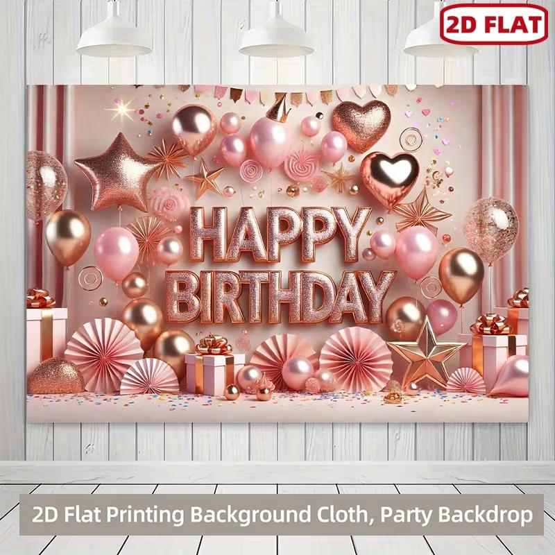 2D Elegant Rose Gold Birthday Backdrop Banner Pink Star Confetti Happy Birthday Party Decor Background