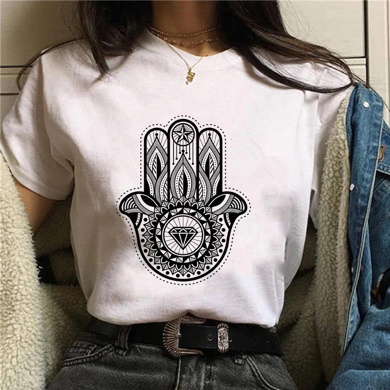 Hamasa Hand of Fatima Print Women's T-Shirts Lucky Hamsa Hand Harajuku Unisex T Shirts Summer Short Sleeve Black Top Tees Female