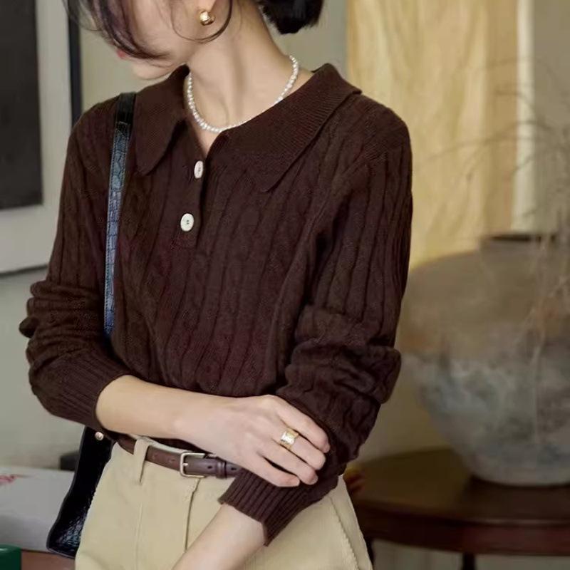 French Retro Wool Cable Knit Lapel Sweater - Women's Autumn Winter Cashmere Polo Collar Top