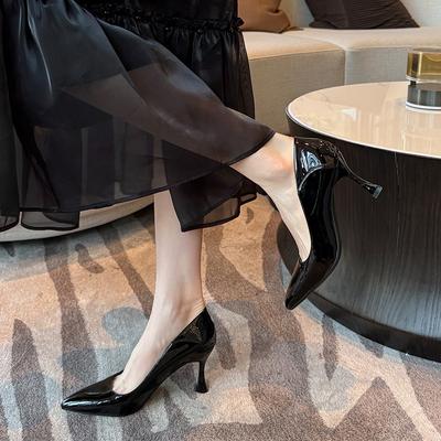 0337 Professional Temperament Shallow Single Shoes Patent Leather French 7CM Versatile High Heels Fattened and Widened Large Size Women's Shoes