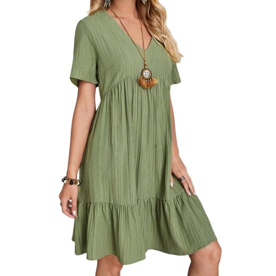Summer Dress for Women Short Sleeve Pleated V Neck Dress Tiered Swing A Line