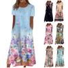 Damen-Freizeitkleider, bedruckte Kleider, Sommerkleider, bedruckt, plissiert, Rundhals-Midi-Kleider, Basic, klassisch, Outdoor, täglich, kurzärmelig, lockere Kleider