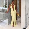 New Women's Sexy Backless Halter Neck Deep V-neck Solid Color Slit Dress for Women