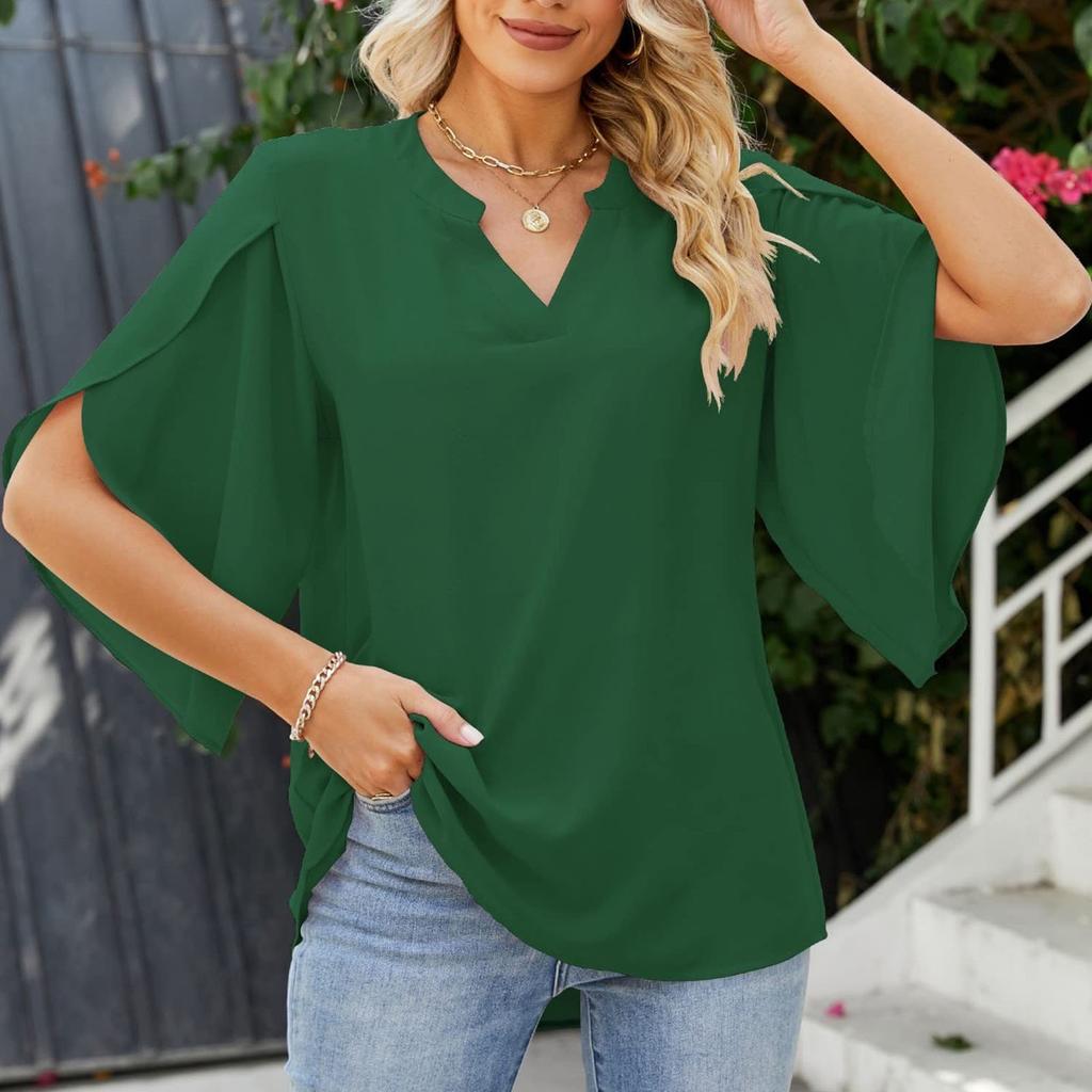 Women's Fashion Casual V,Neck Petal 3/4 Sleeve Loose Chiffon Blouse