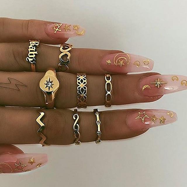 9pcs /Set Bohomia Gold Ring For Women Vintage Snake Shape Zircon Adjustable Ring  Gothic Jewelry Gift Anillos Mujer
