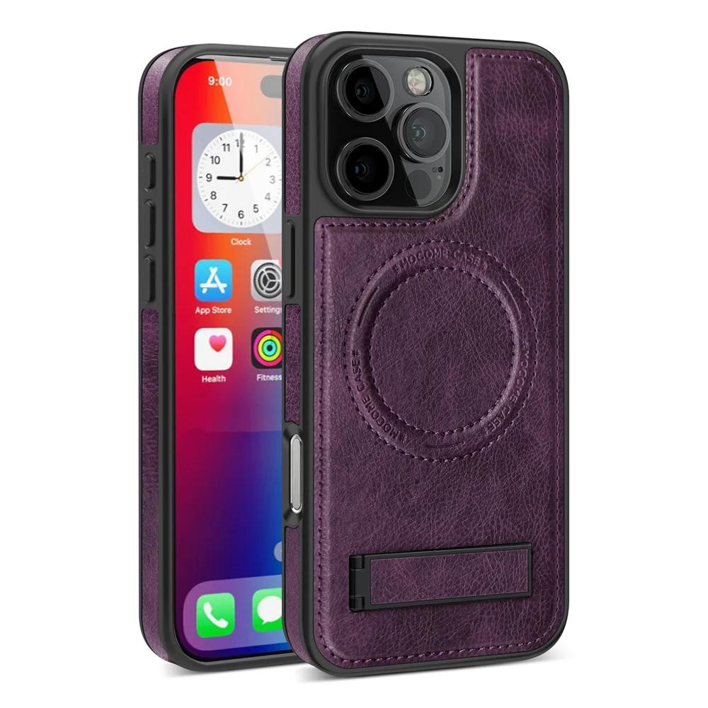 Fashion Leather for Magsafe Phone Case for iPhone 16 Pro Max 15 14 13 12 11 With Stand Bracket Strong Magnetic Shockproof Cover