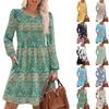 Women's Long Sleeve Pleated Round Neck Floral Print Casual Dress With Pockets