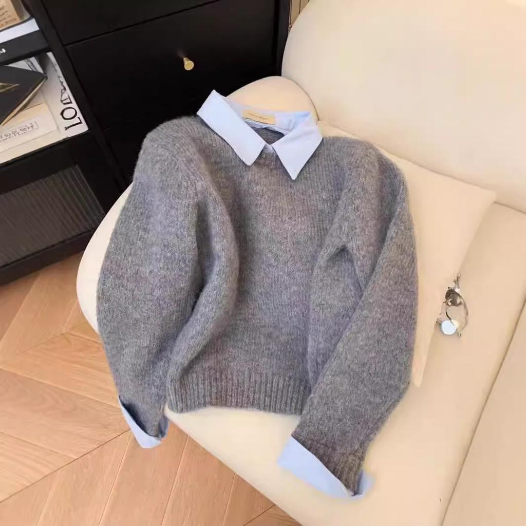 Fake Zweiteiliger Hemdkragen Pullover Damen Herbst und Winter Neu Innenschicht Lässiger Stil Kontrastrevers Grau Oberteil