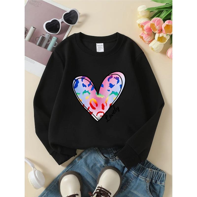 Europeiska storlekar Rundhalsad sweatshirt för flickor med livfullt hjärta och regnbågsdesign, för vår och höst, sport och fritid, mjuk och mysig.