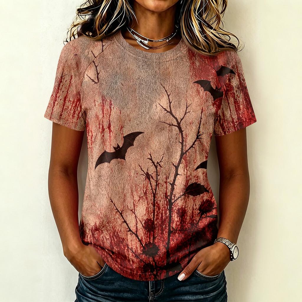 Womens Casual Raglan Sleeve Crew Neck Short Sleeve Top Halloween Themed Graphic Print Lightweight Tee Shirt