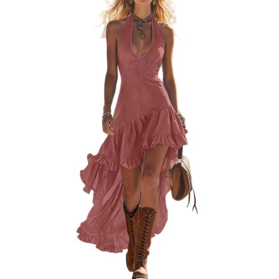 Women's Halter V Neck High Low Hem Sleeveless Dress Ruffle Flowy Long Dress