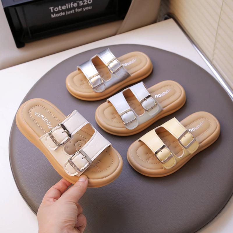 Children Slippers Outdoors Retro Kids Beach Shoes Soft Sole Korean Style 2025 Summer New Girls Sandals Elegant Chic Sweet Chic