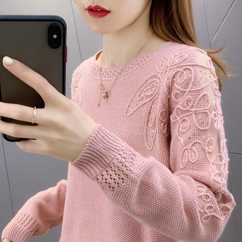 Women's Spring and Autumn Plus Size Thin Section Hollow Round Neck Pullover Casual Solid Colour Bottoming Shirt