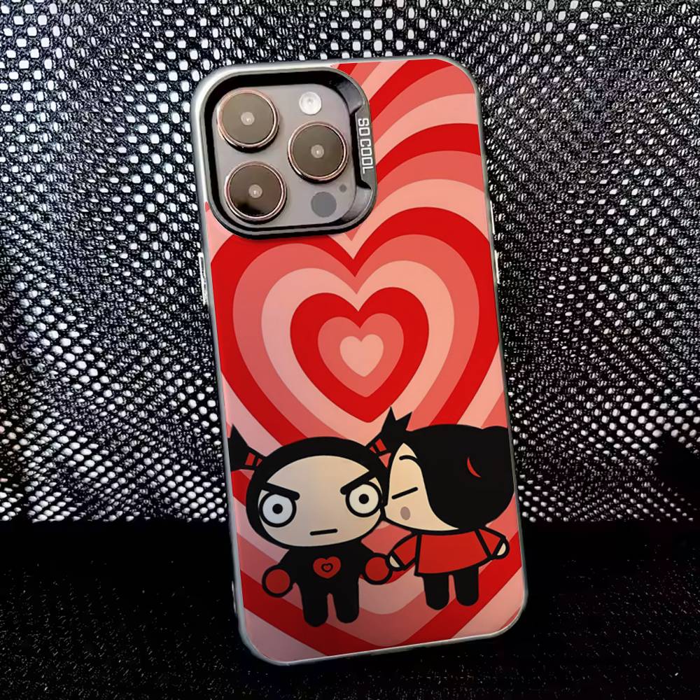 Pucca Süß Liebe Handyhülle Für iPhone 16,15,14,13,12,11,8,7,Pro,Max,Plus,Mini,XS,SE Anti-Fall Schwarz Matt Hart