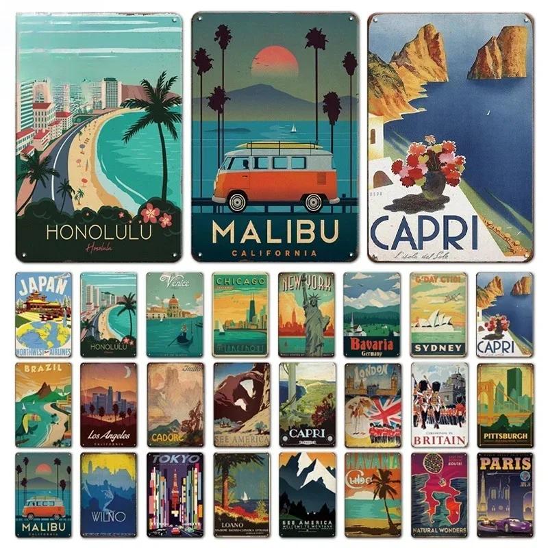 D Flat Metal Sign Vintage Travel Poster Tin Sign Set World Cities Honolulu Malibu Capri Retro Wall Art Home Decor