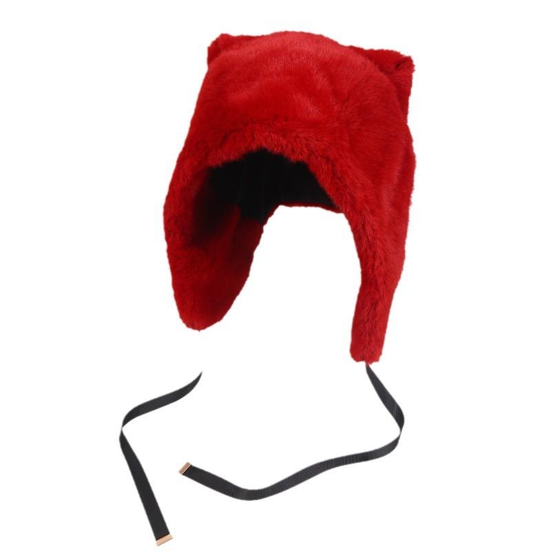 Cute Cat Ears Plush Hat for Women in Autumn and Winter White Thickened Cold Proof and Warm Big Head Circumference Ear Protecting Lei Feng Hat