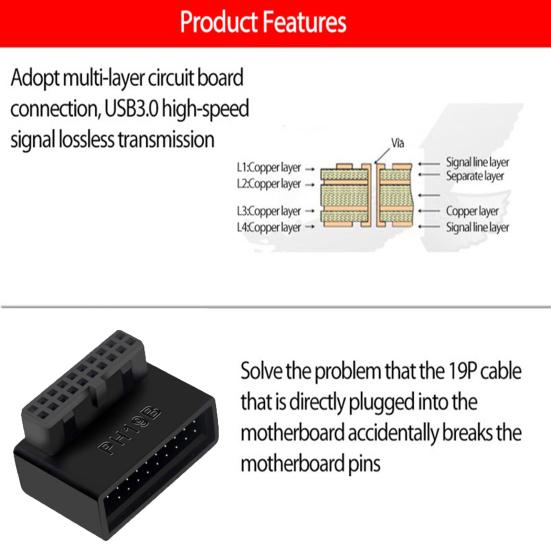 Motherboard USB Converter Easy Installation Pin 90 ABS USB3.0 19/20 Lossless Transmission Degree Adapter