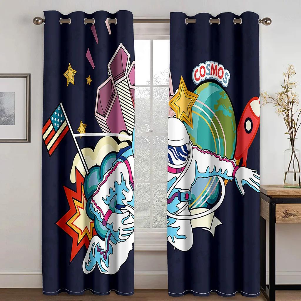 Space Astronauts Planet Cartoon High Shading Drapes Graffiti Colorful Kids 3D Room Darkening Window Drape for The Living Room New Styling