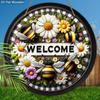 Gartenarbeit Holz Willkommensschild mit Bienen- und Blumenmuster - Dekorative Hängeplakette Idealer Hängeschmuck