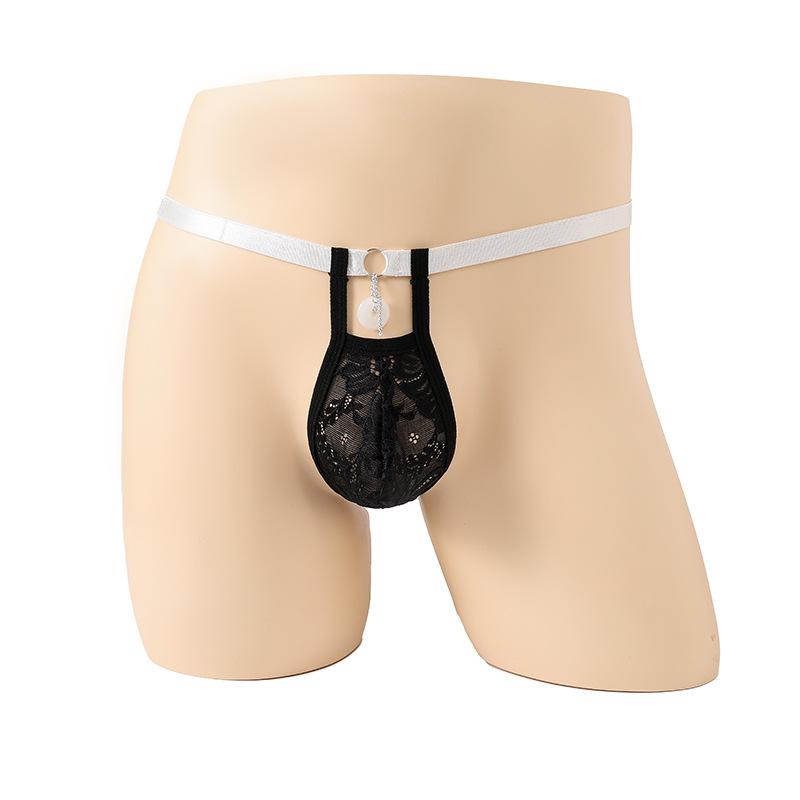 Pánské strečové kalhotky, krajkový pas, vykrojené bezpečnostní T-string spodní prádlo, pánský sex