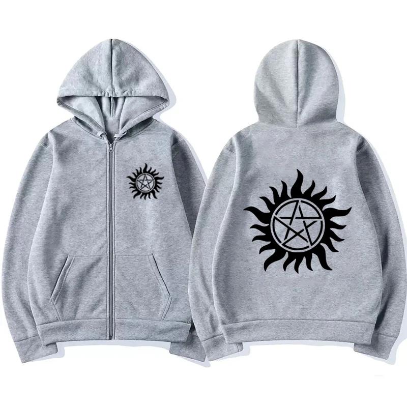 Felpa con Cappuccio e Zip con Stampa Pentagramma Autunno Inverno Donna Casual Vintage Oversize Moda Manica Lunga Felpe in Pile