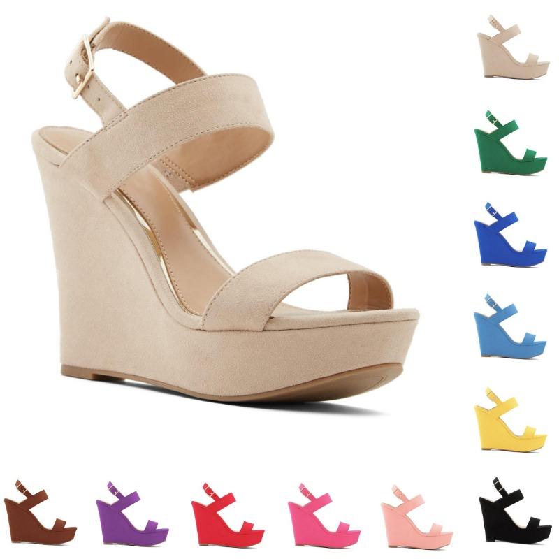 Summer Colourful Sexy Open Toe Ankle Strap Platform Wedge Women Sandals Super Buckle High Heels Gladiator Ladies Wedding Shoes