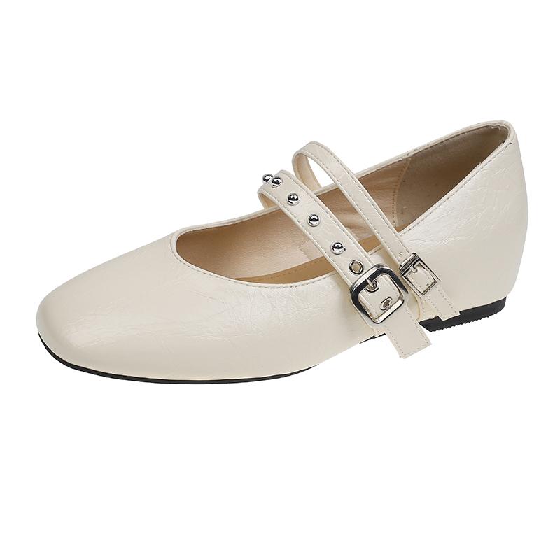 Fashion Spring new single shoes women's fashion square head shallow mouth rivets metal one-line buckle soft sole non-slip flat shoes