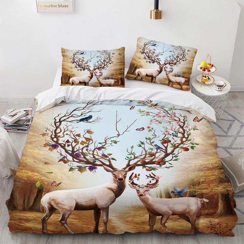 Hirsch Bettbezug Set Wildtiere Blumenmuster Polyester Bettwäsche Set King Twin Full Size Bettdeckenbezug für Kinder Jungen Mädchen