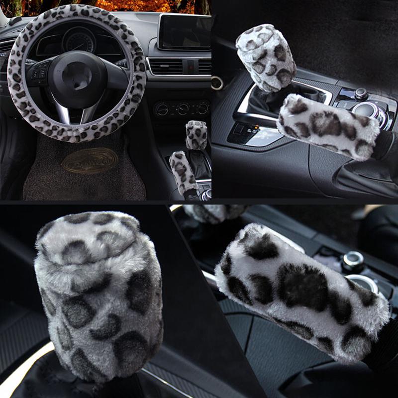 3 stuks / set luipaard pluizige pluche stuurhoes winter auto accessoires