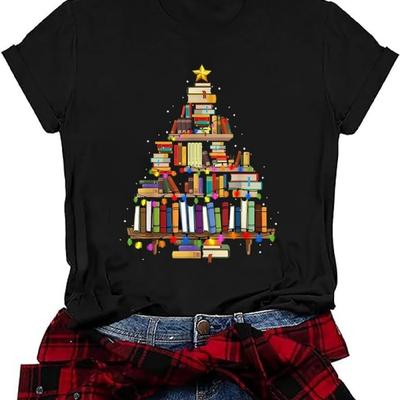 Christmas Books Tree T-Shirt Women Teachers Love Reading Xmas Gift Tee School Christmas Holidays Casual O-Neck Tshirts