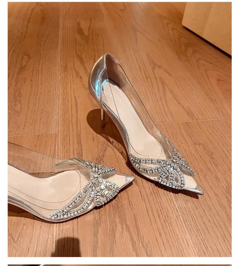 2024 Summer New Women's Fashion Pointed Transparent PVC Rhinestone Wrapped Back Buckle High Heel Sandals Banquet Shoes