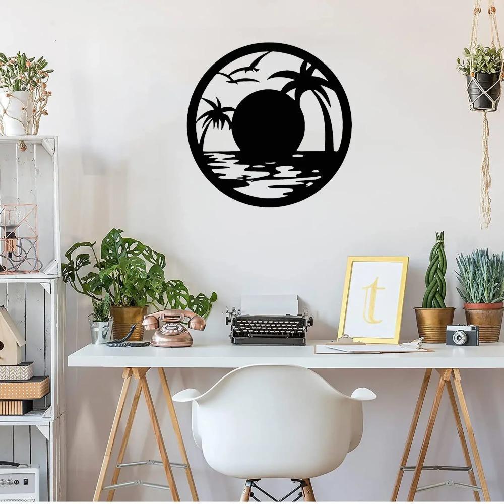 Sunset Beach Scene Wall Decoration – Metal Art with Decorative Iron Silhouette, Elegant Wall Plaques and Stickers for Home Deco