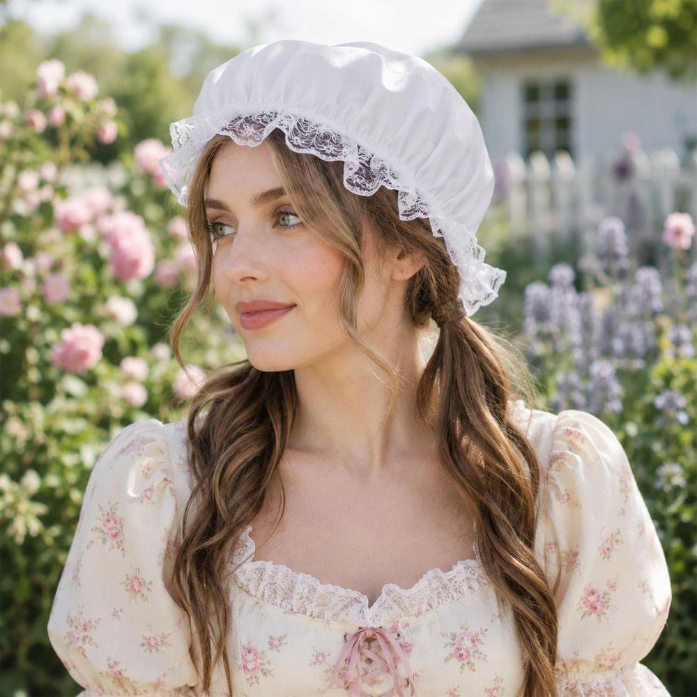 Lace Trim Maid Bonnet Ruffled Brim Colonial Bonnet Fashion Mob Cap Historical Costumes
