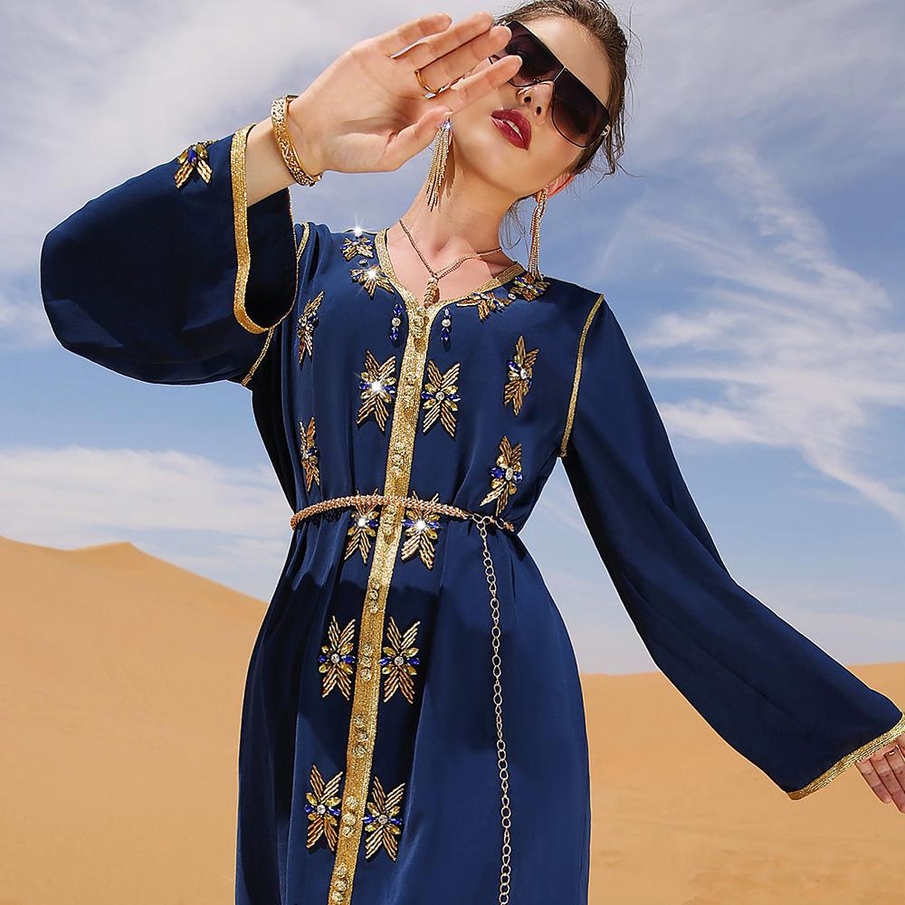 Solid Color Heavy Industry Rhinestone Luxury Muslim Dress Dubai Ramadan Long Sleeve Dress Abaya