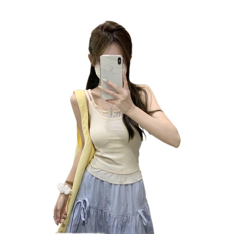 Summer Korean Style Slim Fit Contrast Color Two-Piece Design Camisole - Pure Cotton Vest Top