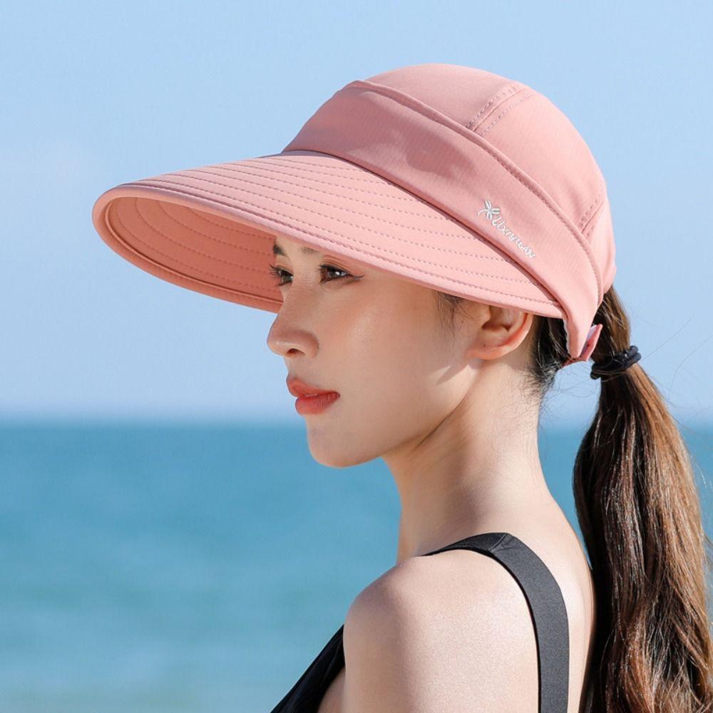 Outdoor Wide Brim Women Summer Sun Hat UV Protection Detachable Empty Top Ponytail Cap Adjustable Foldable Beach Cap