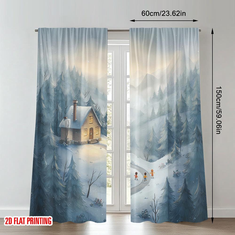 2 Stück 2D-Flachdruck Frohe Weihnachten Modevorhänge Gemütliche Hütte Schneebedeckte Berge Winter Digitaldruck Polyester Vorhänge Familie
