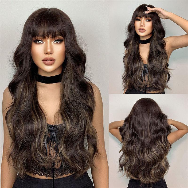 Long Curly Hair Fashion Big Wave Wig Smooth and glossy Bangs Black Brown Women's Wig