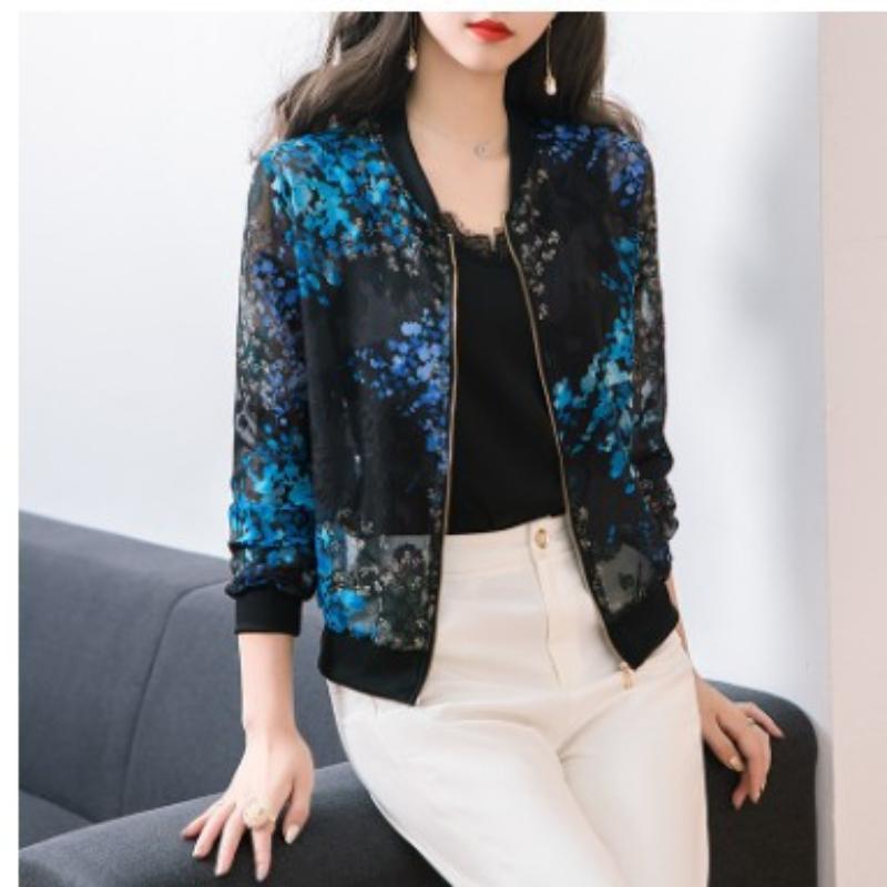 Woman Summer Chiffon Print Coats Femlae Long Sleeve Loose Bomber Jackets Ladies Print Breathable Casual Zipper Cardigans