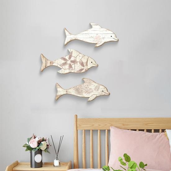 3Pcs/Set Wooden Dolphin Wall Pattern Fish Wall Decoration Flowers Leaves Art for Beach