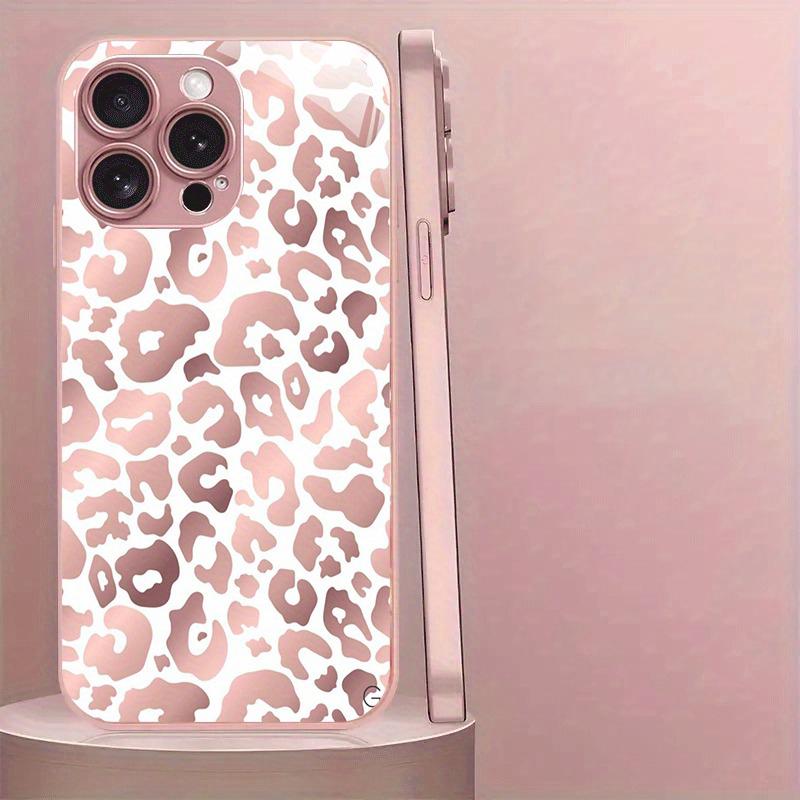 Pink Leopard Print Pattern Metallic Paint Glass Hard Phone Case For iPhone 11 12 13 14 15 16 17 Pro Max 15 Plus 16E 17Air Cover