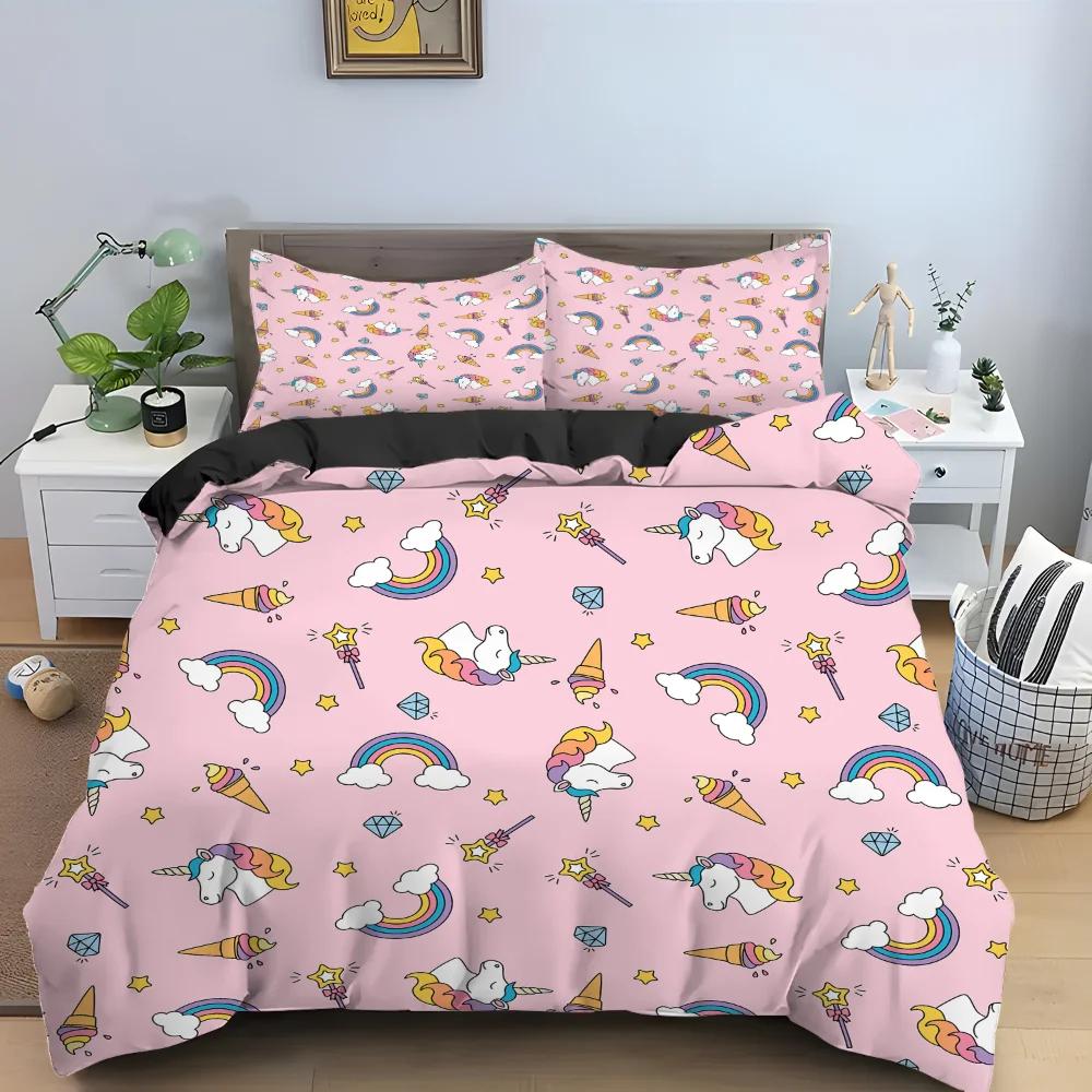 Cartoon Unicorn Pink King Queen Duvet Cover Kids Girls Lovely Animal Bedding Set Rainbow Quilt Cover Polyester Comforter Cover