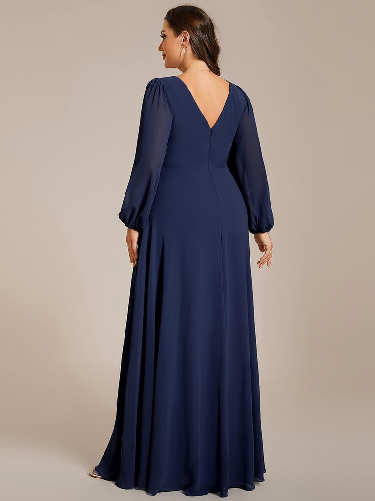 Ever-Pretty Women's Plus Size Pleated Double V-Neck Long Sleeves Shiny Belt Chiffon Evening Dress